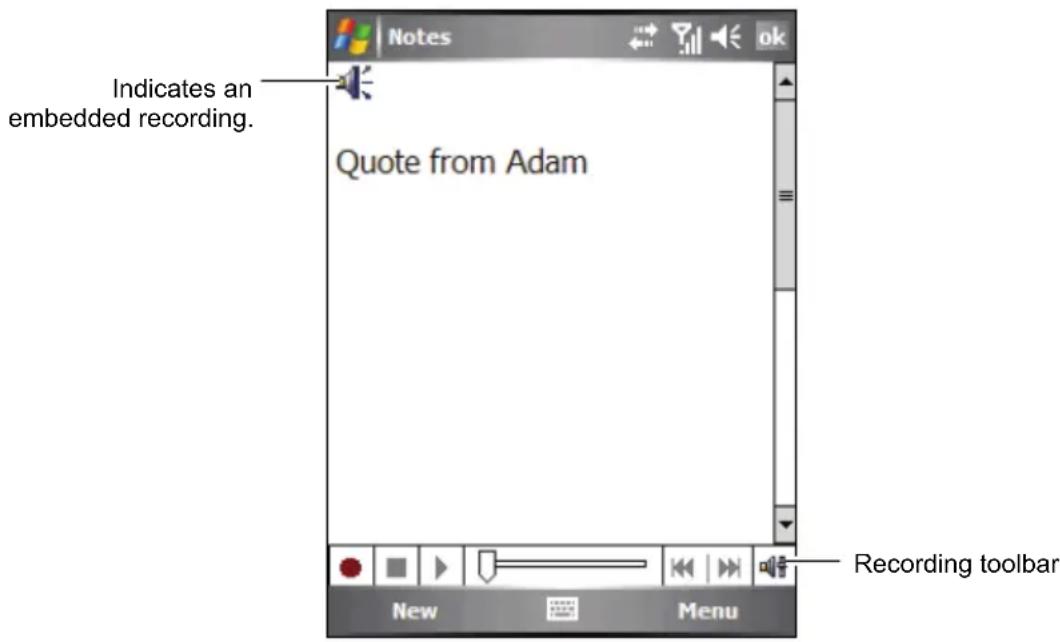 Notes Indicates an embedded recording. Quote from Adam Recording toolbar New Menu