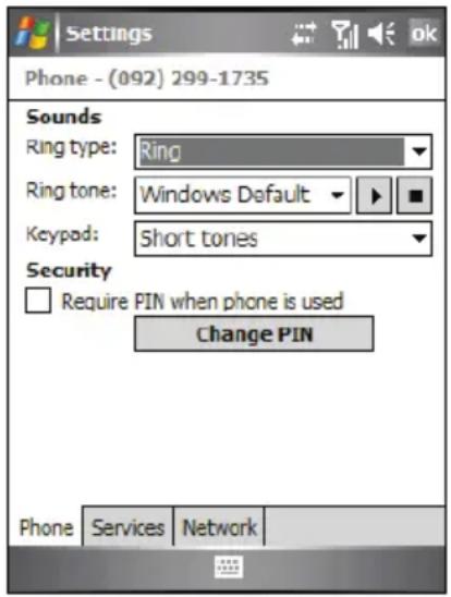 Settings Phone - (092) 299-1735 Sounds Ring type: Ring Ring tone: Windows Default Keypad: Short tones Security Require PIN when phone is used Change PIN Phone Services Network