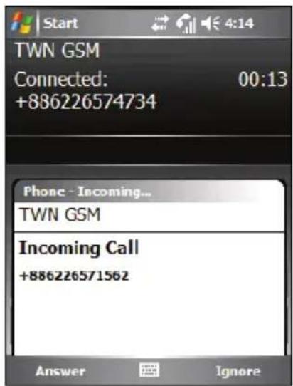 Start 4:14 TWN GSM Connected: 00:13 +886226574734 Phone - Incoming... TWN GSM Incoming Call +886226571562 Answer Ignore