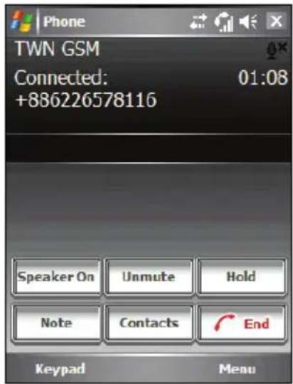 Phone TWN GSM Connected: 01:08 +886226578116 Speaker On Unmute Hold Note Contacts End Keypad Menu