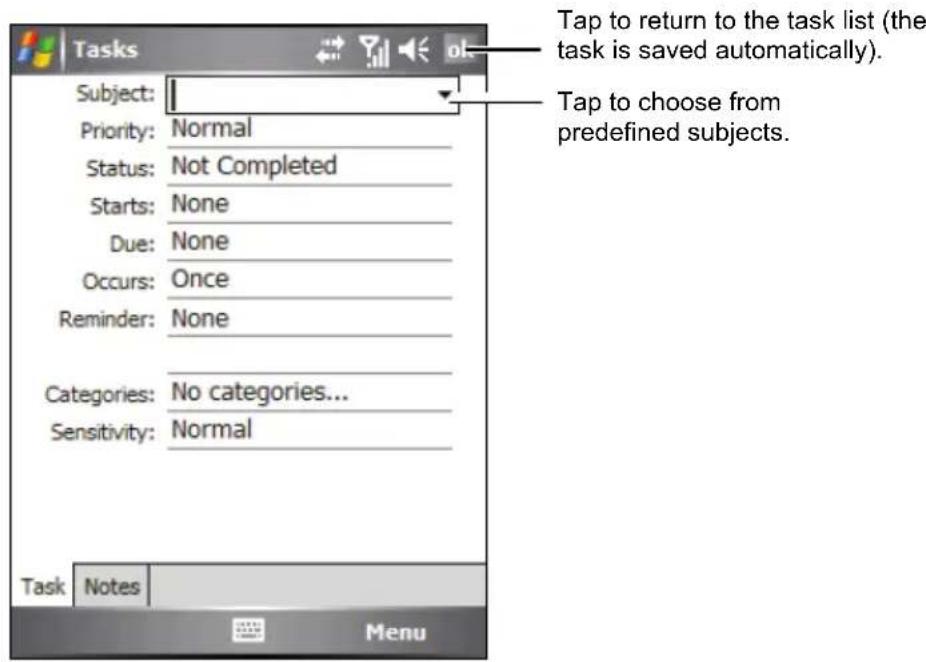 Tap to return to the task list (the task is saved automatically). Tap to choose from predefined subjects. Subject: Priority: Normal Status: Not Completed Starts: None Due: None Occurs: Once Reminder: None Categories: No categories... Sensitivity: Normal Task Notes Menu