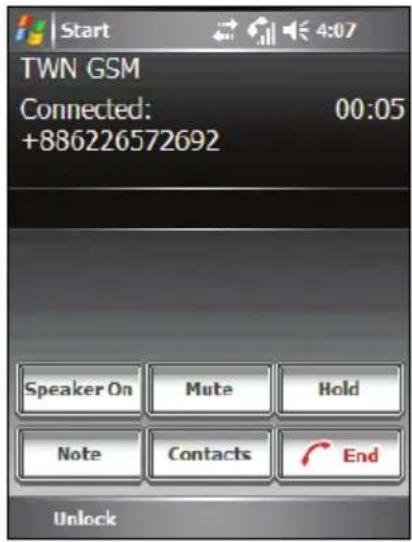 Start 4:07 TWN GSM Connected: 00:05 +886226572692 Speaker On Mute Hold Note Contacts End Unlock