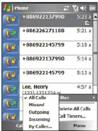 +886922137990 5:23 a +886226271188 5:21 a +886922145799 5:18 a +886922137990 5:14 a +886922145799 5:13 a Lee, Henry 4:57 a [123] 1231234 m All Calls Missed Outgoing Incoming By Caller... Filter Delete All Calls Call Timers... Menu