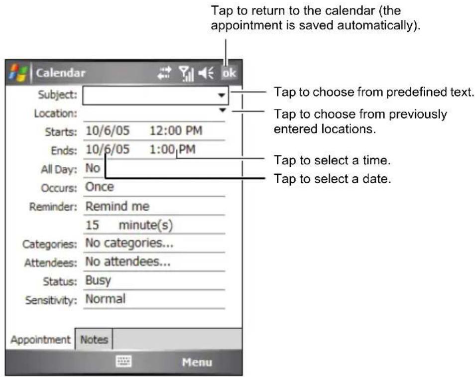 Tap to return to the calendar (the appointment is saved automatically). Subject: Location: Starts: 10/6/05 12:00 PM Ends: 10/6/05 1:00 PM All Day: No Occurs: Once Reminder: Remind me 15 minute(s) Categories: No categories... Attendees: No attendees... Status: Busy Sensitivity: Normal Appointment Notes Menu