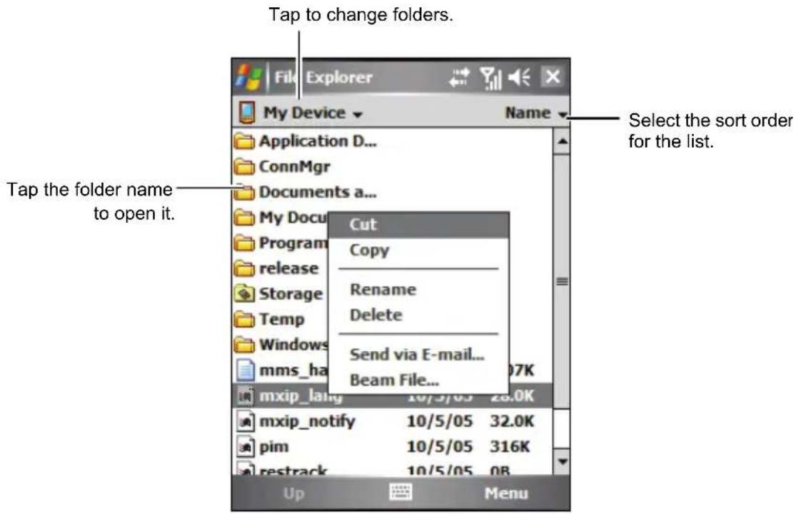 Tap to change folders. My Device Application D... ConnMgr Documents a... My Docu Program release Storage Temp Windows mms_ha Cut Copy Rename Delete Send via E-mail... Beam File... Select the sort order for the list. Tap the folder name to open it. mxip_lang 10/5/05 28.0K mxip_notify 10/5/05 32.0K pim 10/5/05 316K restrack 10/5/05 08 Up Menu