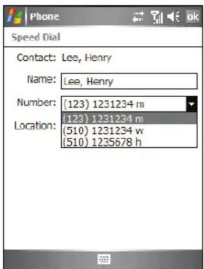 Phone Speed Dial Contact: Lee, Henry Name: Lee, Henry Number: (123) 1231234 m Location: (123) 1231234 m (510) 1231234 w (510) 1235678 h