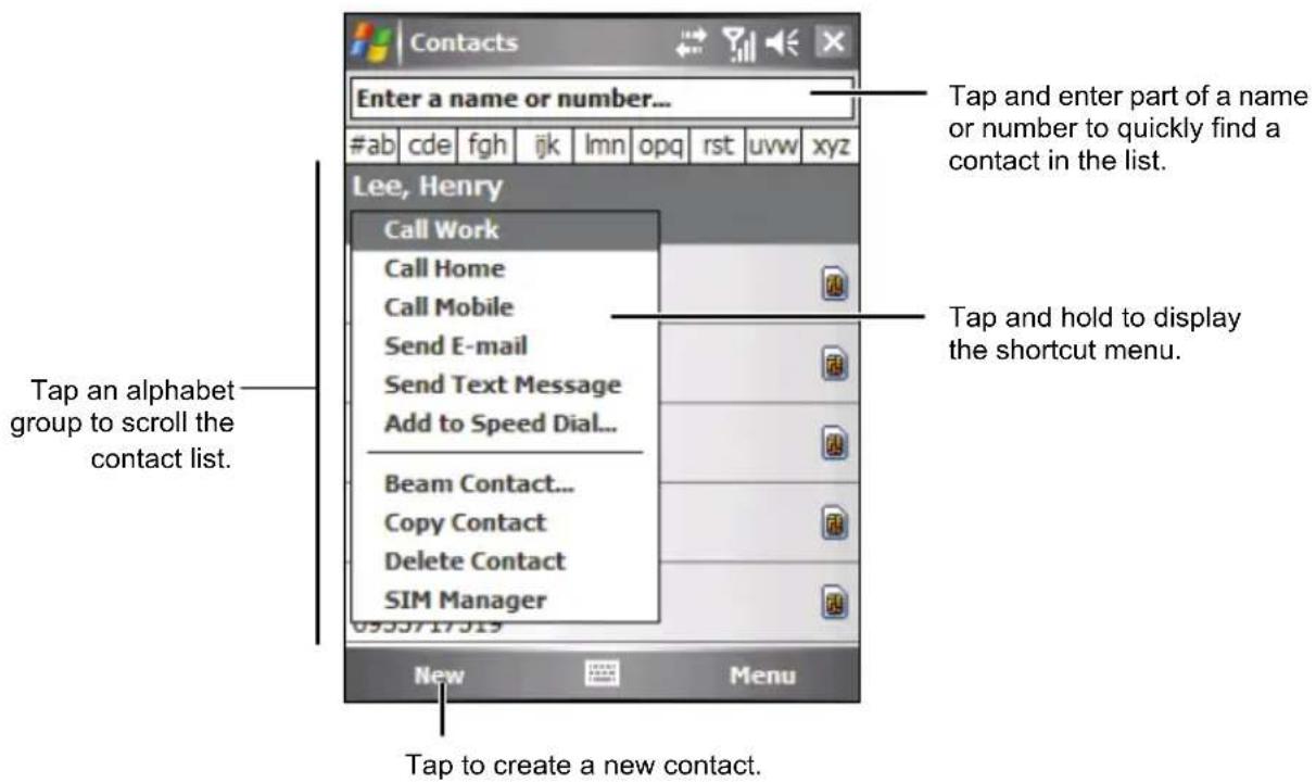Contacts Enter a name or number... #ab cde fgh ijk lmn opq rst uvw xyz Lee, Henry Call Work Call Home Call Mobile Send E-mail Send Text Message Add to Speed Dial... Beam Contact... Copy Contact Delete Contact SIM Manager Tap and enter part of a name or number to quickly find a contact in the list. Tap and hold to display the shortcut menu. Tap an alphabet group to scroll the contact list. New Menu Tap to create a new contact.