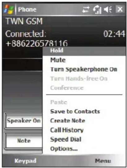 Phone TWN GSM Connected: 02:44 +886226578116 Hold Mute Turn Speakerphone On Turn Hands-free On Conference Paste Save to Contacts Create Note Call History Speed Dial Options... Speaker On Note Keypad Menu