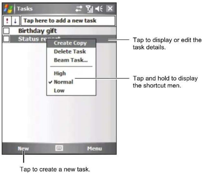 Tasks Tap here to add a new task Birthday gift Status report Create Copy Delete Task Beam Task... High ✓ Normal Low Tap to display or edit the task details. Tap and hold to display the shortcut men. New Menu