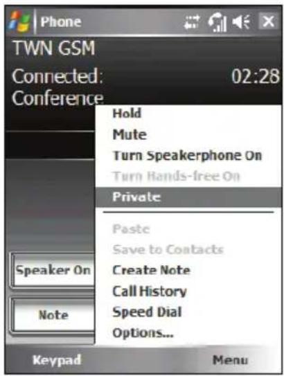 Phone TWN GSM Connected: 02:28 Conference Hold Mute Turn Speakerphone On Turn Hands-free On Private Paste Save to Contacts Create Note Call History Speed Dial Options... Speaker On Note Keypad Menu