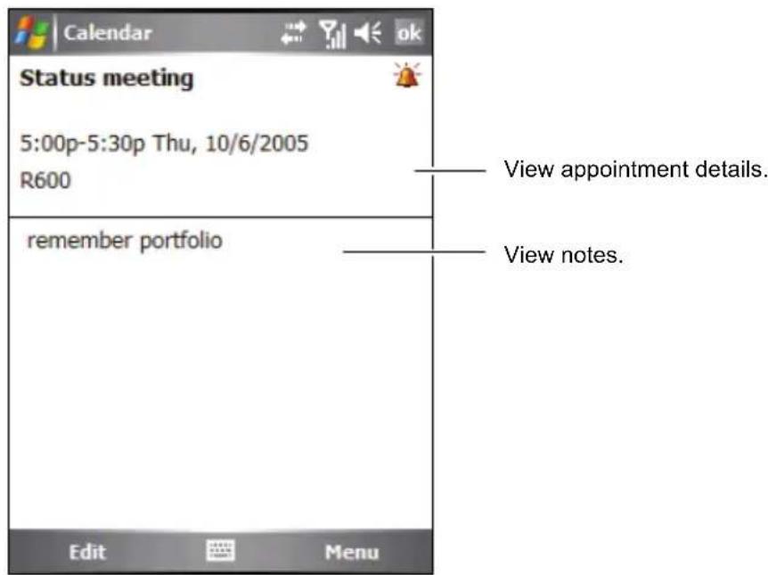 Calendar Status meeting 5:00p-5:30p Thu, 10/6/2005 R600 remember portfolio Edit Menu View appointment details. View notes.