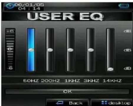 06/01/05 04 : 14 USER EQ +8 dB -6 50HZ 200HZ 1KHZ 3KHZ 14KHZ OK Back desktop