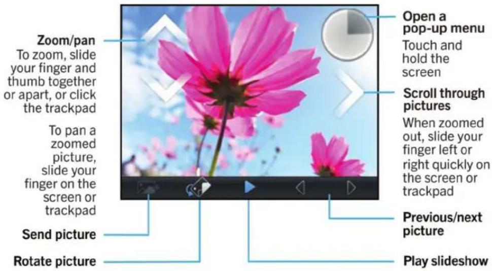 Zoom/pan To zoom, slide your finger and thumb together or apart, or click the trackpad To pan a zoomed picture, slide your finger on the screen or trackpad Send picture Rotate picture Open a pop-up menu Touch and hold the screen Scroll through pictures When zoomed out, slide your finger left or righ…