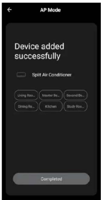 AP Mode Device added successfully Split Air Conditioner Living Roo... Master Be... Second Be... Dining Ro... Kitchen Study Fee... Completed