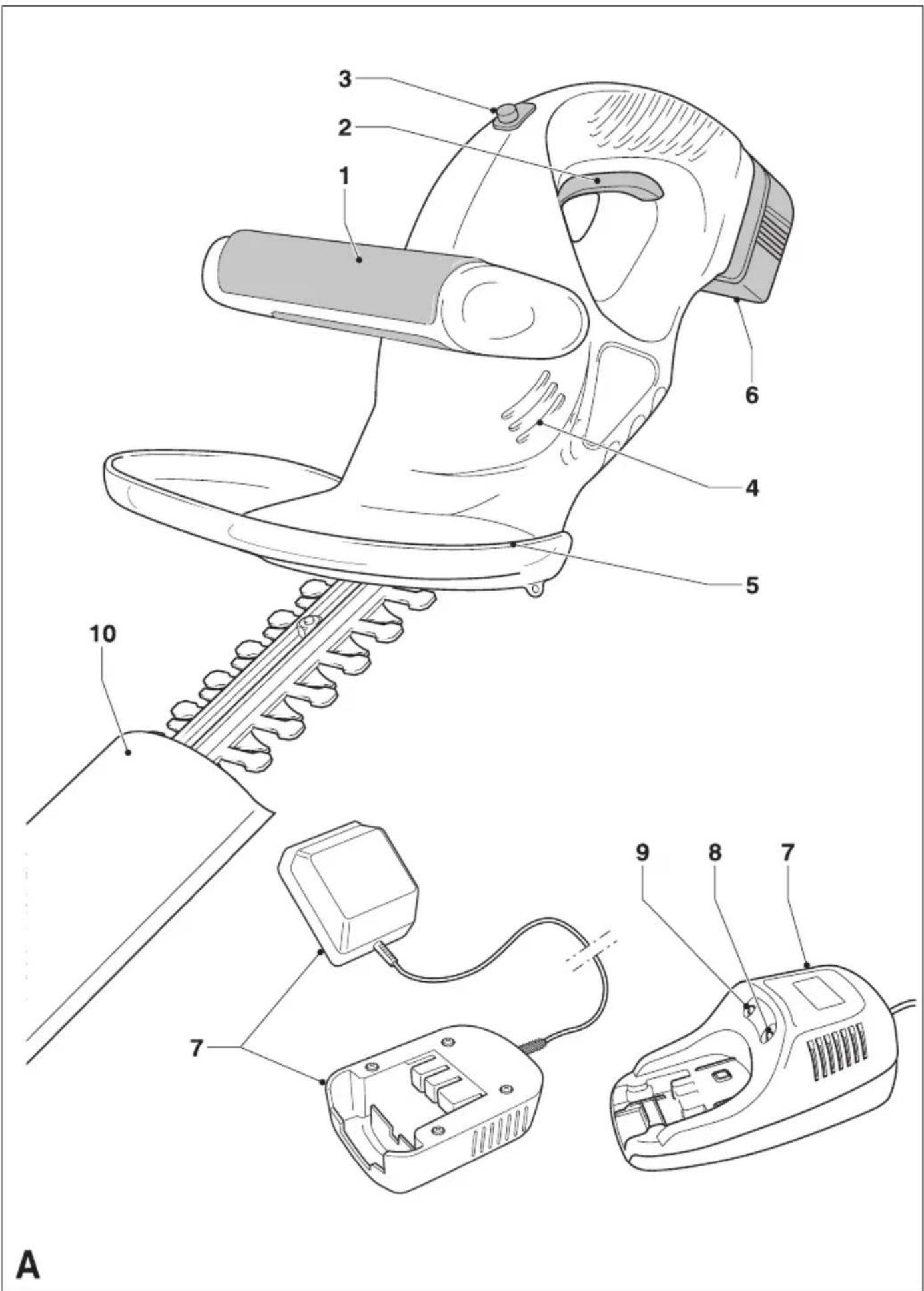 Technical diagram of a hairdryer with numbered parts for identification and assembly reference.