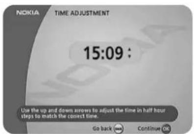 NOKIA TIME ADJUSTMENT 15:09 : Use the up and down arrows to adjust the time in half hour steps to match the correct time. Go back OK Continue OK