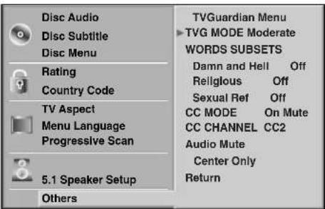 Disc Audio Disc Subtitle Disc Menu Rating Country Code TV Aspect Menu Language Progressive Scan 5.1 Speaker Setup Others TVGuardian Menu TVG MODE Moderate WORDS SUBSETS Damn and Hell Off Religious Off Sexual Ref Off CC MODE On Mute CC CHANNEL CC2 Audio Mute Center Only Return