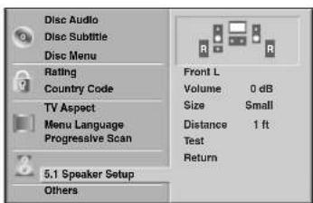 Disc Audio Disc Subtitle Disc Menu Rating Country Code TV Aspect Menu Language Progressive Scan 5.1 Speaker Setup Others Front L Volume 0 dB Size Small Distance 1 ft Test Return