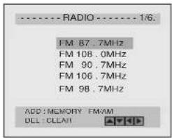 ---- RADIO ---- 1/6. FM 87.7MHz FM 108.0MHz FM 90.7MHz FM 106.7MHz FM 98.7MHz ADD: MEMORY FMAM DEL: CLEAR