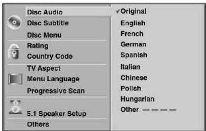 Disc Audio Disc Subtitle Disc Menu Rating Country Code TV Aspect Menu Language Progressive Scan 5.1 Speaker Setup Others Original English French German Spanish Italian Chinese Polish Hungarian Other — — — —