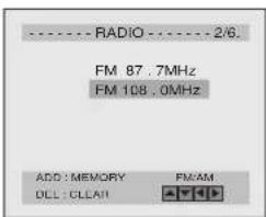 RADIO 2/6. FM 87.7MHz FM 108.0MHz ADD: MEMORY FM/AM DLL: CLEAR