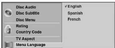 Disc Audio Disc Subtitle Disc Menu Rating Country Code TV Aspect Menu Language English Spanish French