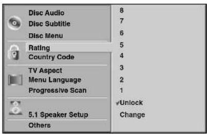 Disc Audio Disc Subtitle Disc Menu Rating Country Code TV Aspect Menu Language Progressive Scan 5.1 Speaker Setup Others 8 7 6 5 4 3 2 1 ✓Unlock Change