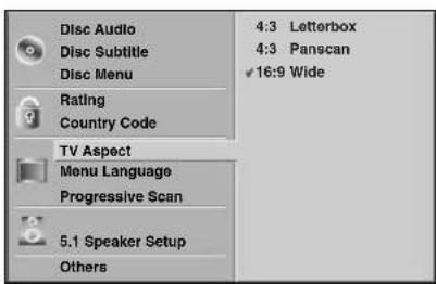 Disc Audio Disc Subtitle Disc Menu Rating Country Code TV Aspect Menu Language Progressive Scan 5.1 Speaker Setup Others 4:3 Letterbox 4:3 Panscan ✓ 16:9 Wide