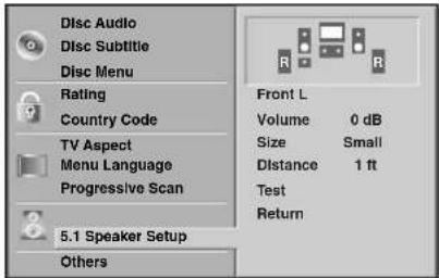 Disc Audio Disc Subtitle Disc Menu Rating Country Code TV Aspect Menu Language Progressive Scan 5.1 Speaker Setup Others Front L Volume 0 dB Size Small Distance 1 ft Test Return