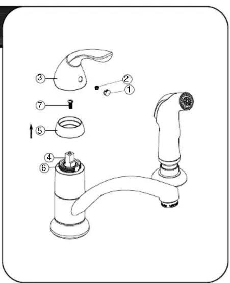 Diagram of a kitchen faucet with numbered parts for identification and assembly reference