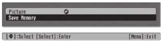 Picture Save Memory [◆]:Select [Select]:Enter [Menu]:Exit