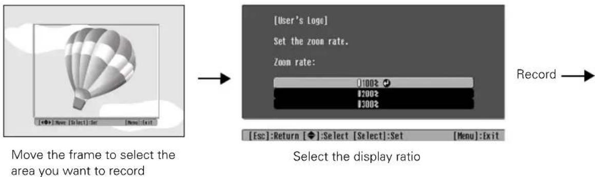 [User's Logo] Set the zoom rate. Zoom rate: 01002 $2002 $3002 Record Move the frame to select the area you want to record Select the display ratio [Esc]:Return [◆]:Select [Select]:Set [Menu]:Exit