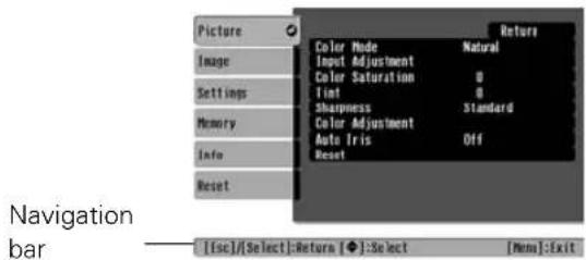 Picture Image Settings Memory Info Reset Color Mode Input Adjustment Color Saturation Tint Sharpness Color Adjustment Auto Iris Reset Return Natural 0 0 Standard Off [Esc]/[Select]:Return [◆]:Select [Menu]:Exit Navigation bar