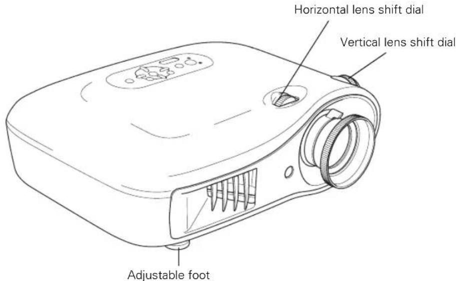 Horizontal lens shift dial Vertical lens shift dial Adjustable foot