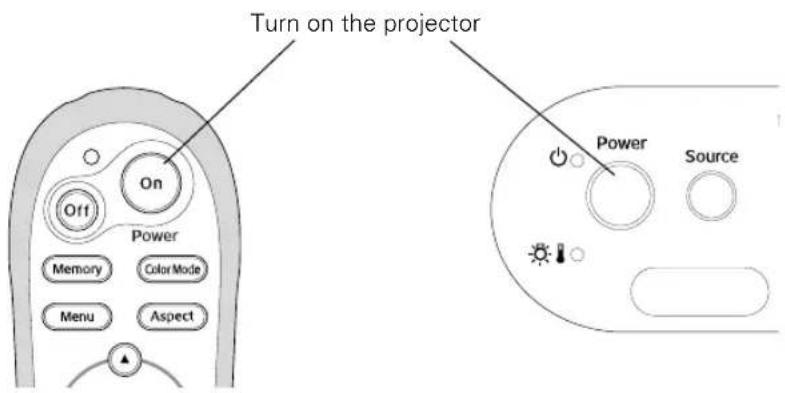 Turn on the projector Off On Power Memory Color Mode Menu Aspect Power Source