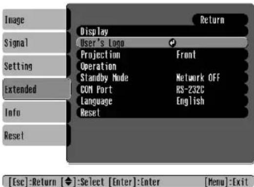 Image Signal Setting Extended Info Reset Display User's Logo Projection Front Operation Standby Mode Network OFF COM Port RS-232C Language English Reset Return [Esc]:Return [◆]:Select [Enter]:Enter [Menu]:Exit
