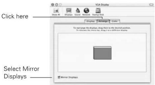 Click here Select Mirror Displays VGA Display Show All Displays Sound Network Startup Disk Display Arrange Color To rearrange the displays, drag them to the desired position. To replace the screen box, drag it to a different display. Mirror Displays