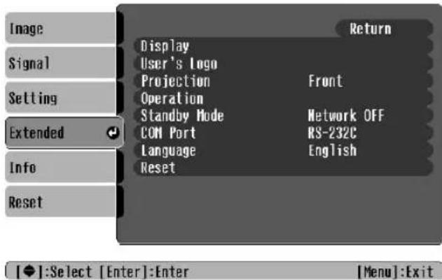 Image Signal Setting Extended Info Reset Display User's Logo Projection Front Operation Standby Mode Network OFF COM Port RS-232C Language English Reset Return [◆]:Select [Enter]:Enter [Menu]:Exit