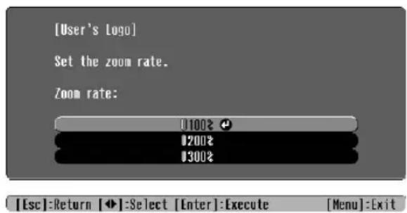 [User's Logo] Set the zoom rate. Zoom rate: 1100% 200% 300% [Esc]:Return [◀]=Select [Enter]:Execute [Menu]:Exit