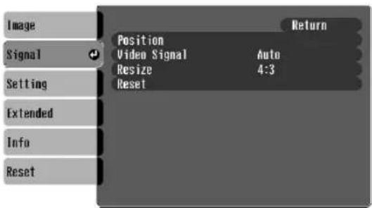 Image Signal Setting Extended Info Reset Position Video Signal Resize Reset Return Auto 4:3