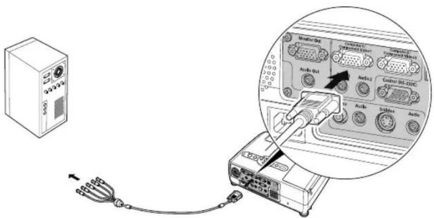 Diagram showing connection between a device and an audio jack, with labeled ports and a magnified view of the device's internal components.