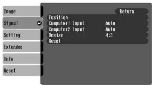 Image Signal Setting Extended Info Reset Position Computer1 Input Auto Computer2 Input Auto Resize 4:3 Reset Return