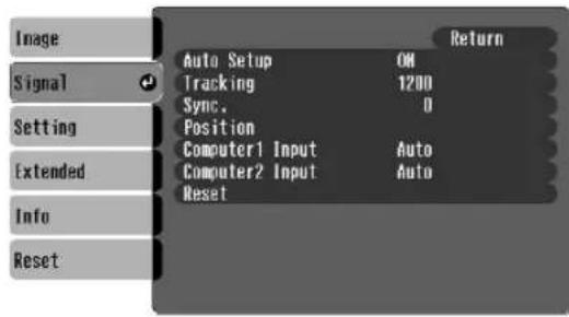 Image Signal Setting Extended Info Reset Auto Setup ON Tracking 1200 Sync. 0 Position Computer1 Input Auto Computer2 Input Auto Reset Return