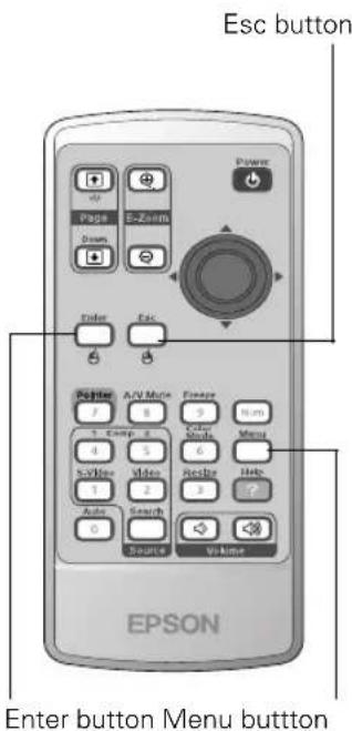 Esc button Power Page S-Zampu Dram Enter Esc Patter A/V Mode Fange F 8 9 mm 5 Comp 3 Color Mode 4 S 6 Men S-Viter Video Recite Help 1 2 3 ? Auto Search 0 Source Volume EPSON Enter button Menu button