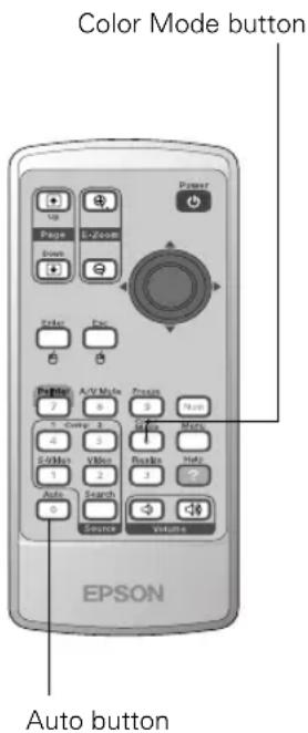 Color Mode button Power Page E-Joom Down Color For Printer A/V Mode Press 7 6 5 Next 1. Upgrade 2 4 3 Sides V/No Busin Hot 1 2 1 ? Auto Search 6 Source Volume EPSON Auto button