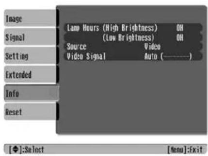 Image Signal Setting Extended Info Reset Lamp Hours (High Brightness) ON (Low Brightness) ON Source Video Video Signal Auto (———) [◆]:Select [Menu]:Exit