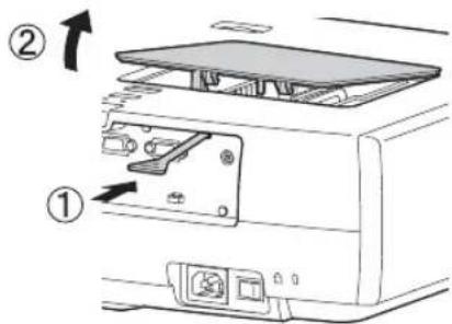 Diagram of a printer internal structure with labeled parts and directional arrows indicating assembly or movement.