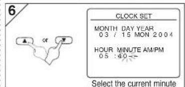 6 CLOCK SET MONTH DAY YEAR 03 / 15 MON 2004 HOUR MINUTE AM/PM 05 :40-- Select the current minute