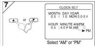7 CLOCK SET MONTH DAY YEAR 03 / 15 MON 2004 HOUR MINUTE AM/PM 05 : 40 PM AM PM Select "AM" or "PM"
