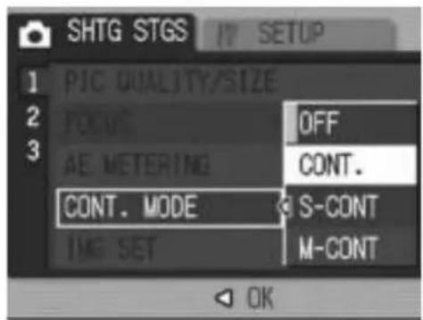 SHTG STGS SETUP 1 PIC QUALITY/SIZE 2 FOCUS OFF 3 AE METERING CONT. CONT. MODE S-CONT IME SET M-CONT OK